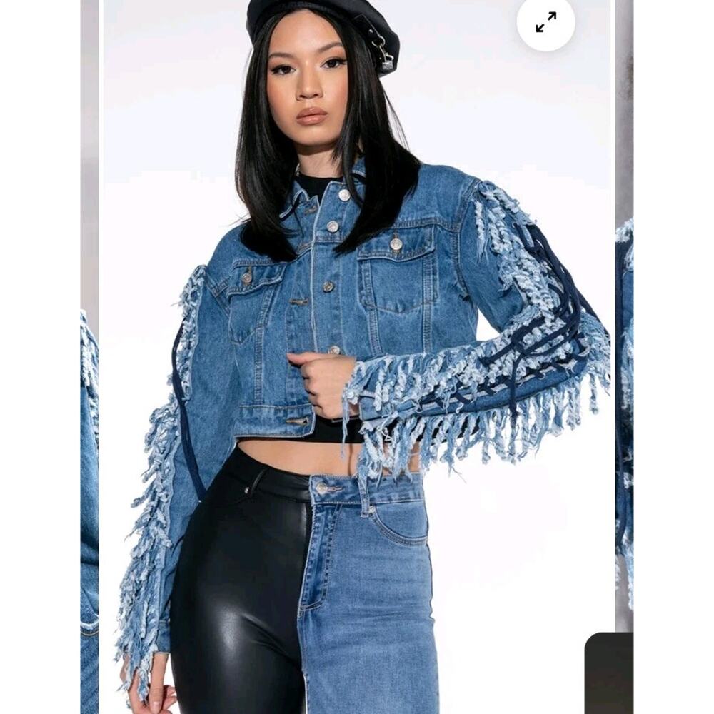 Azalea Wang Blue Denim Jacket Cropped Lace Up Sleeve Fringe Rocker Sz Large - Picture 2 of 12